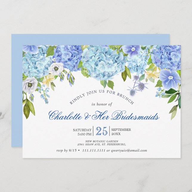 Convite Blue Hydrangeas Floral Greenery Bridesmaids Brunch (Frente/Verso)