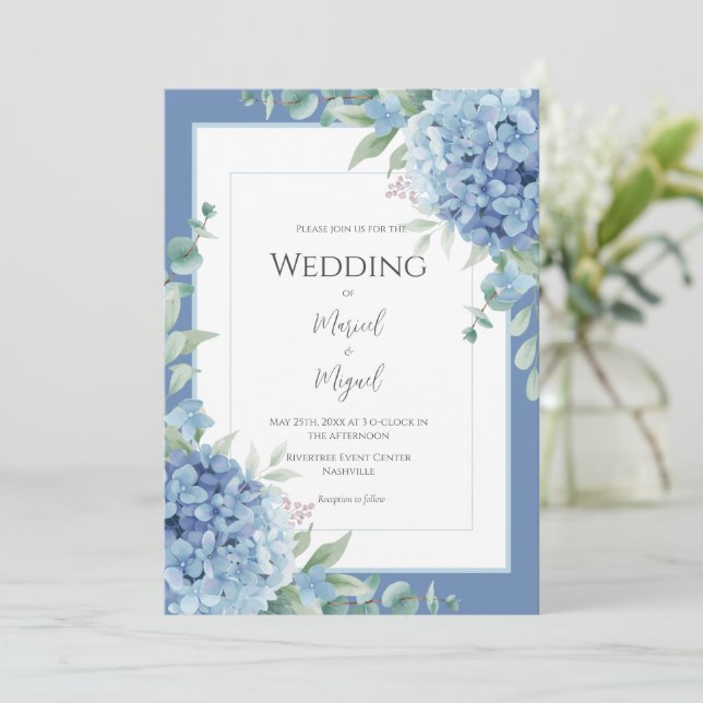 Convite Blue Hydrangeas Floral Photo Elegant Wedding (Em pé/Frente)