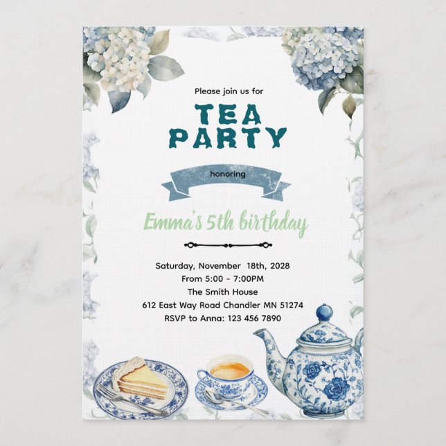 Convite Blue Hydrangeas tea party Invitation (Frente)