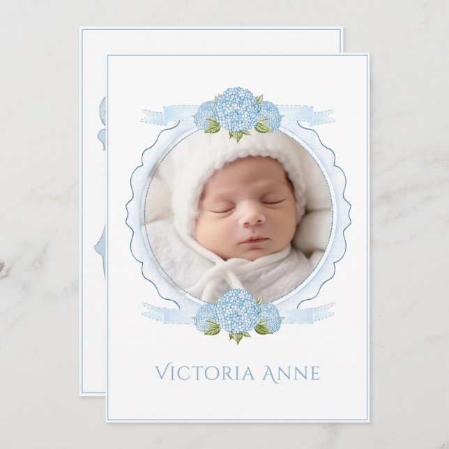 Convite Blue Hydrangeas Vintage Birth Announcement (Frente/Verso)