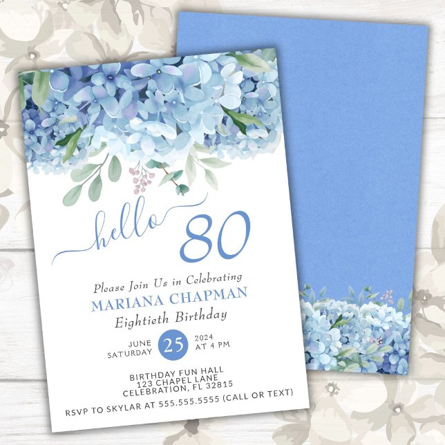 Convite Blue Hydrangeas Watercolor 80 Floral Birthday (Criador carregado)
