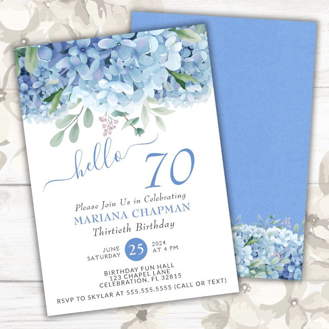 Convite Blue Hydrangeas Watercolor Floral 70 Birthday (Criador carregado)