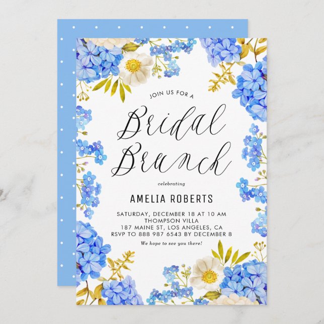 Convite Blue Hydrangeas Winter Floral Bridal Brunch (Frente/Verso)