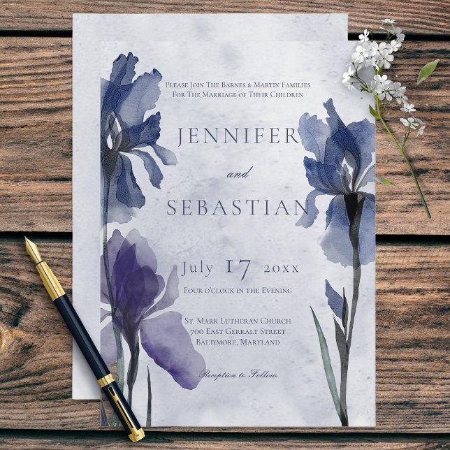 Convite Blue Iris Flowers Blue Modern Weding Invitation (Criador carregado)