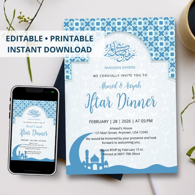 Convite Blue Islamic Pattern Iftar Dinner Invitation (Criador carregado)