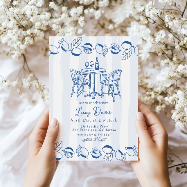 Convite Blue Italian Bistro Lemon Stripe Bridal Shower (Criador carregado)