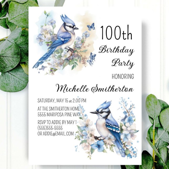 Convite Blue Jay Bird Flowers Springtime 100º aniversário (Criador carregado)