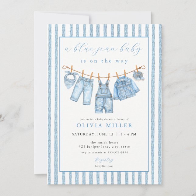 Convite Blue Jean Baby Baby Shower Clothesline Denim (Frente)