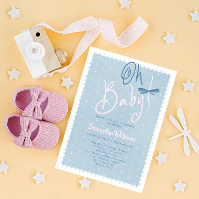Convite Blue Jean Baby Pink Dots Denim Girl Baby Shower (Blue Jean Oh Baby Pink Polka Dots Denim Coquette Bow Western Country Girl Baby Shower Invitation)