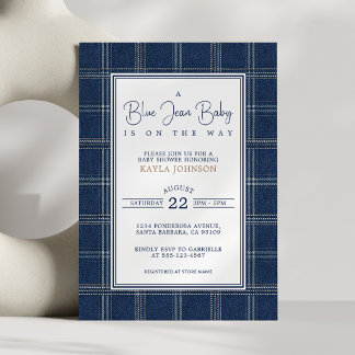 Convite Blue Jean Baby Shower Preppy Plaid Script