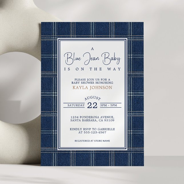 Convite Blue Jean Baby Shower Preppy Plaid Script (Criador carregado)