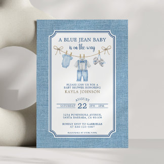 Convite Blue Jean Baby Shower Watercolor Clothesline