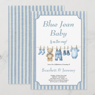 Convite "Blue Jean Baby" varal de roupa Festa de Chá de Be
