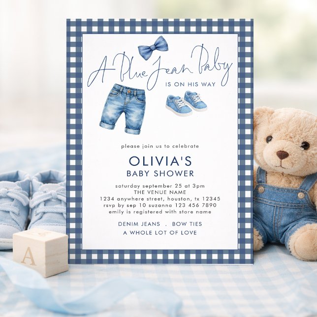 Convite Blue Jean Denim Boy Gingham Baby Shower  (Criador carregado)