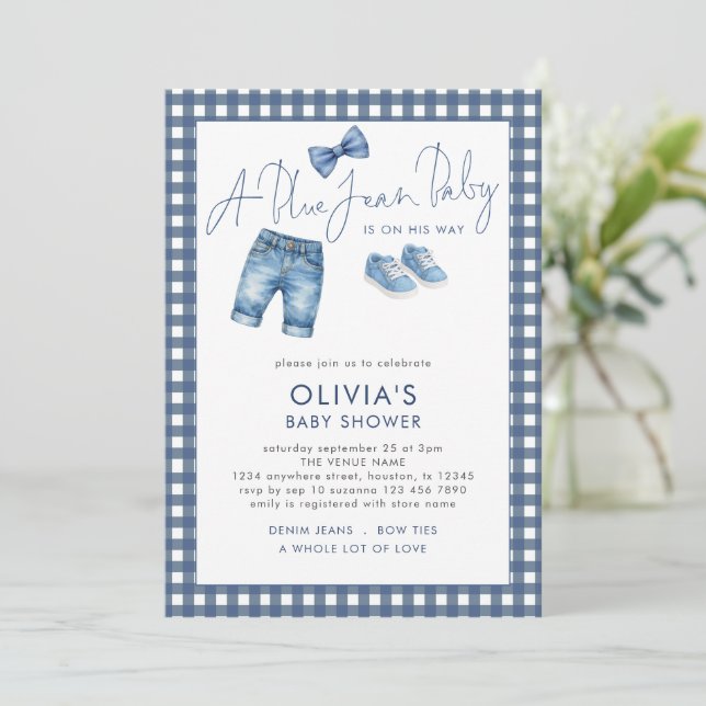 Convite Blue Jean Denim Boy Gingham Baby Shower  (Em pé/Frente)