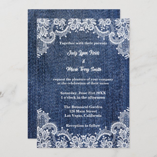 Convite Blue Jean Denim E Lace Wedding (Frente/Verso)