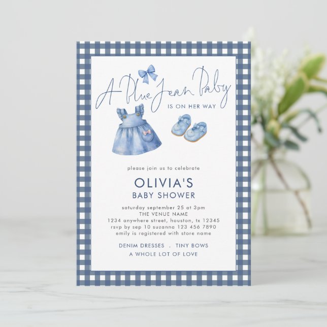 Convite Blue Jean Denim Girl Gingham Baby Shower  (Em pé/Frente)