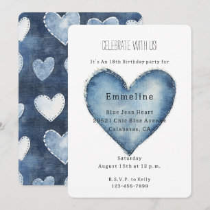 Convite Blue Jean Denim Heart Birthday