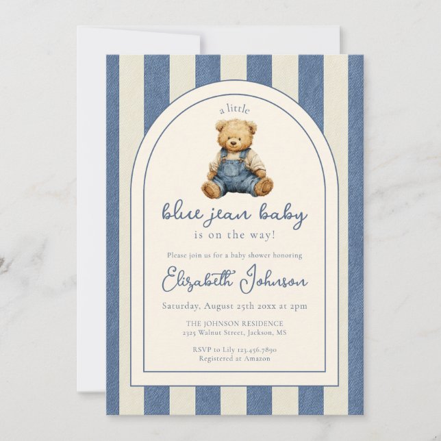 Convite Blue Jean Denim Teddy Bear QR Code Baby Shower (Frente)