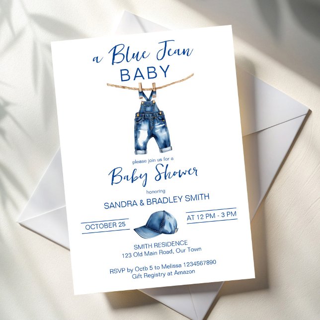 Convite Blue jean É um chá de fraldas de menino (Blue jean It's a boy baby shower Invitation cards template minimalist denim baby shower invites)