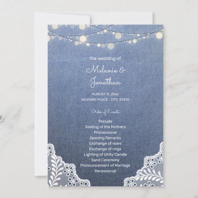 Convite Blue Jean, Lace String Lights Ceremony Program (Frente)