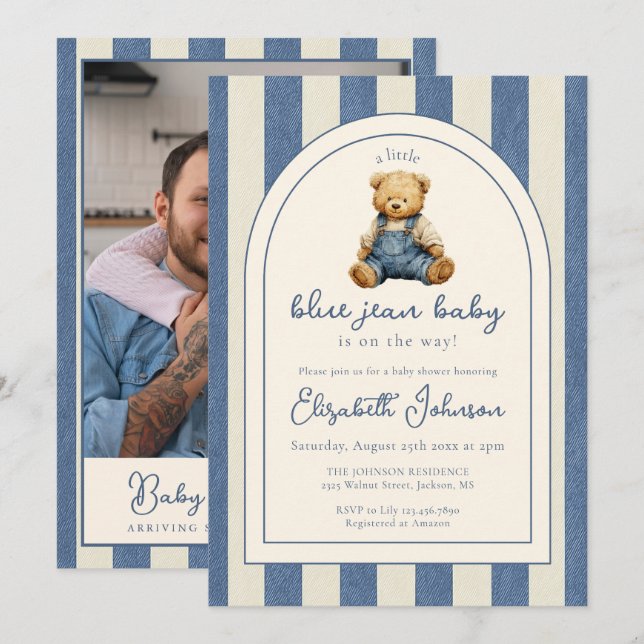 Convite Blue Jean Teddy Bear Photo QR Code Baby Shower (Frente/Verso)