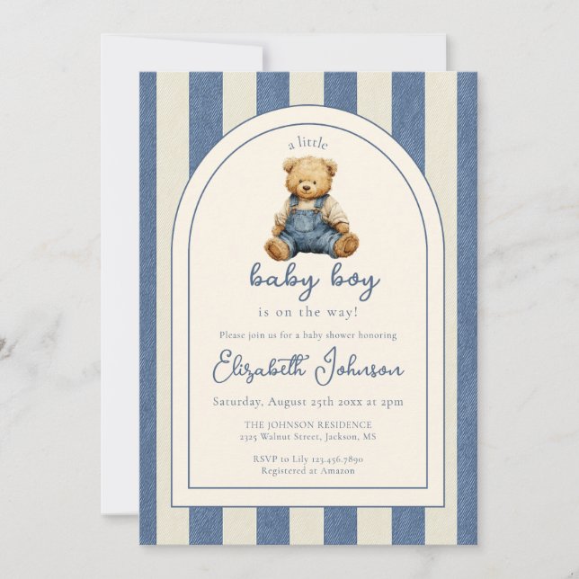 Convite Blue Jean Teddy Bear QR Code Boy Baby Shower (Frente)