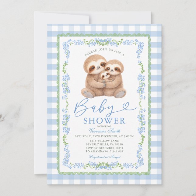 Convite Blue Jungle Watercolor Sloth Baby Shower (Frente)