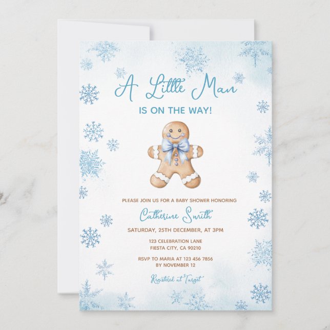 Convite Blue Little Man Snowflakes Gingerbread Baby Shower (Frente)