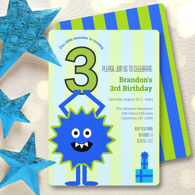 Convite Blue Little Monster aniversário de 3 anos Boy — Bo (Criador carregado)