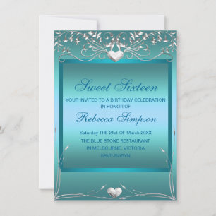 Convite Blue Love Heart Sweet 16 Birthday Convida