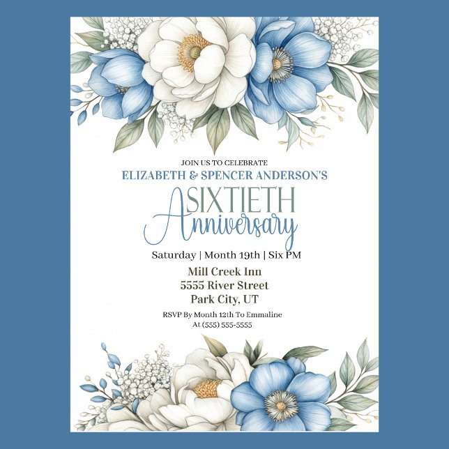 Convite Blue Magnolia and Peony 60th Wedding Anniversary (Blue and white magnolia and peony floral 60th wedding anniversary invitation )