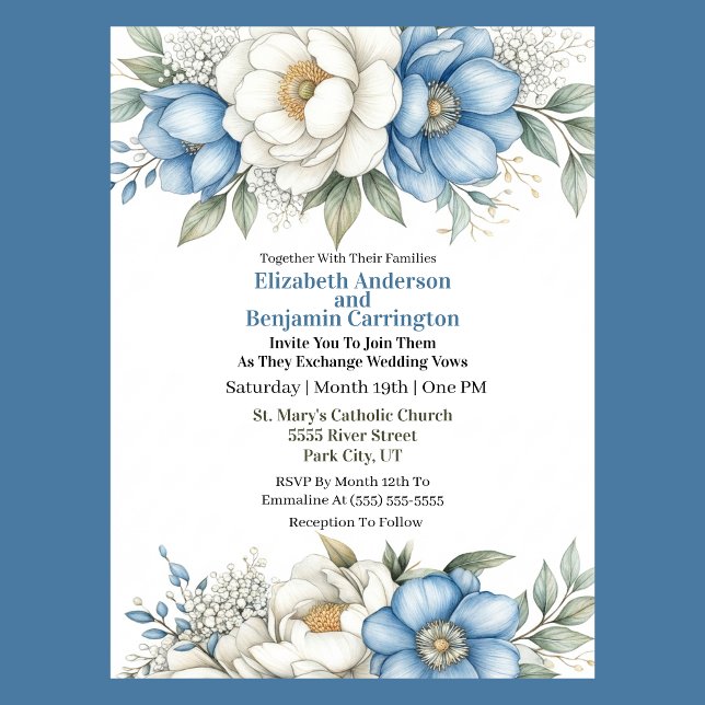 Convite Blue Magnolia and Peony Flower Wedding (Blue and white magnolia and peony floral wedding invitation with elegant botanical design
)