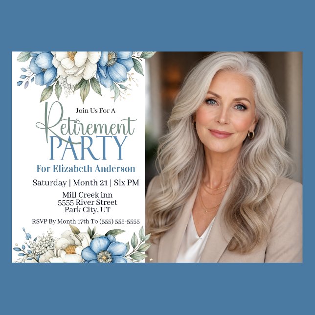 Convite Blue Magnolia and Peony Retirement Party (Blue and white magnolia and peony floral retirement party invitation with elegant botanical design
)