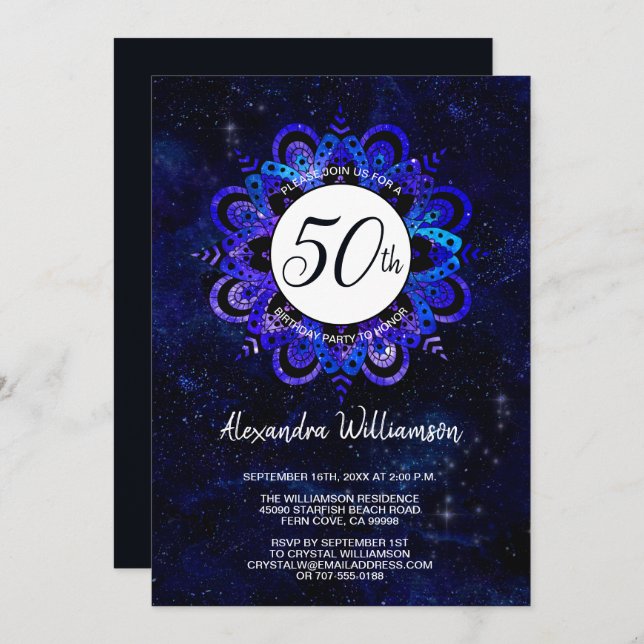 Convite Blue Mandala Space Stars Boho 50th Festa de aniver (Frente/Verso)