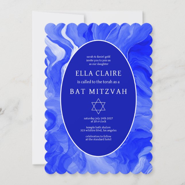 Convite Blue Marble Swirls Star de David Bat Mitzvah (Frente)