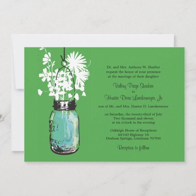 Convite Blue Mason Jar com Wildflower Wedding (Frente)