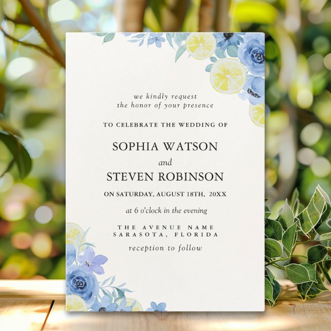 Convite Blue Mediterranean Lemon Wedding (Criador carregado)