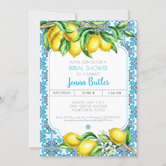 Convite Blue Mediterranean Tile Lemon Bridal Shower