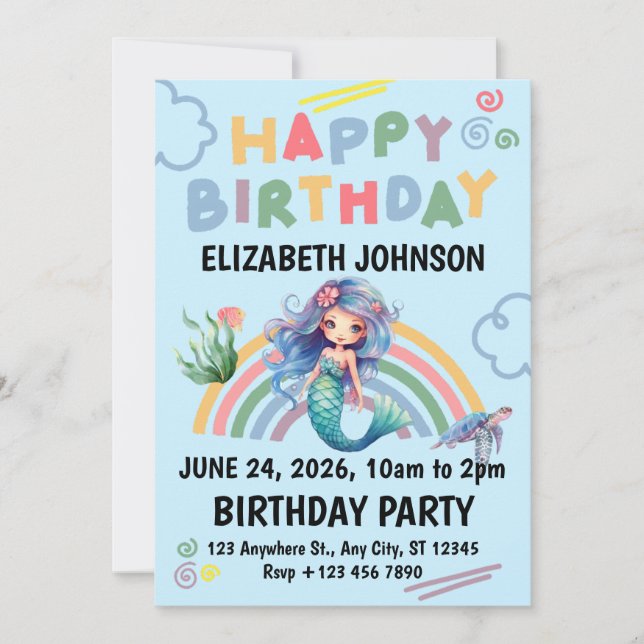 Convite Blue Mermaid Birthday Party Invitation in Blue (Frente)