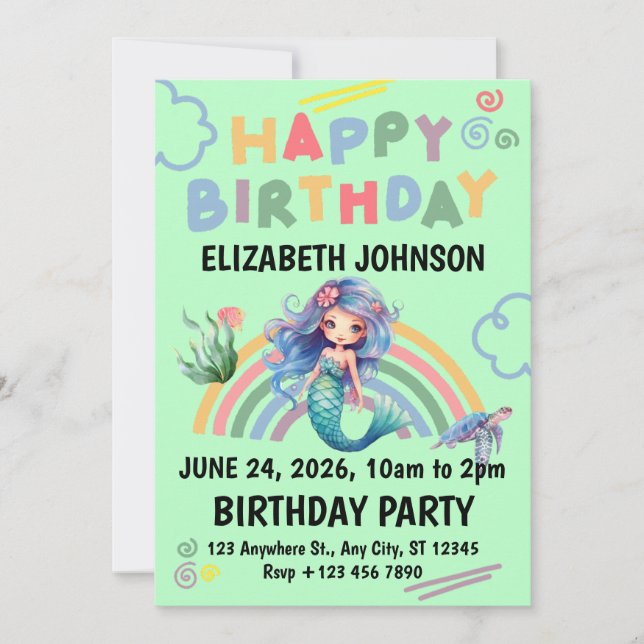 Convite Blue Mermaid Birthday Party Invitation in Green (Frente)