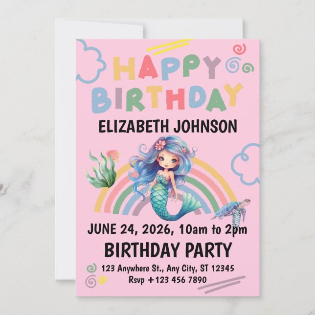 Convite Blue Mermaid Birthday Party Invitation in Pink (Frente)