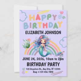Convite Blue Mermaid Birthday Party Invitation in Purple