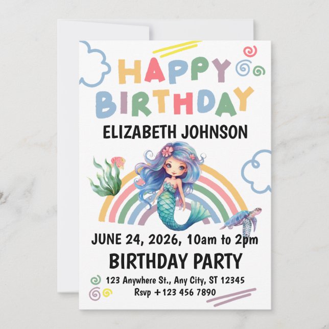 Convite Blue Mermaid Birthday Party Invitation in White (Frente)