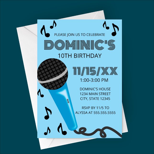 Convite Blue Microphone Kids Birthday (Blue Microphone Karaoke Birthday Party Invitation)