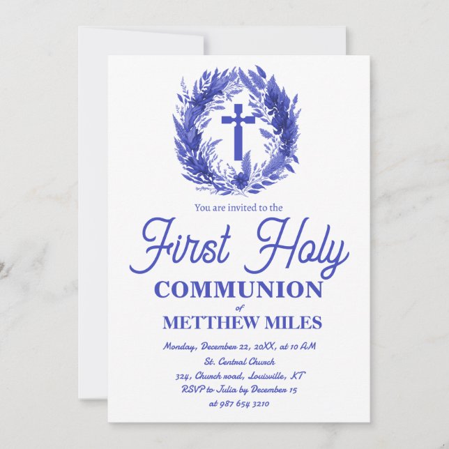 Convite Blue Minimalist floral first católica communion (Frente)