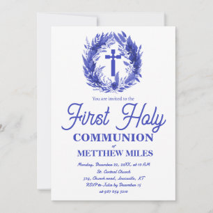 Convite Blue Minimalist floral first católica communion