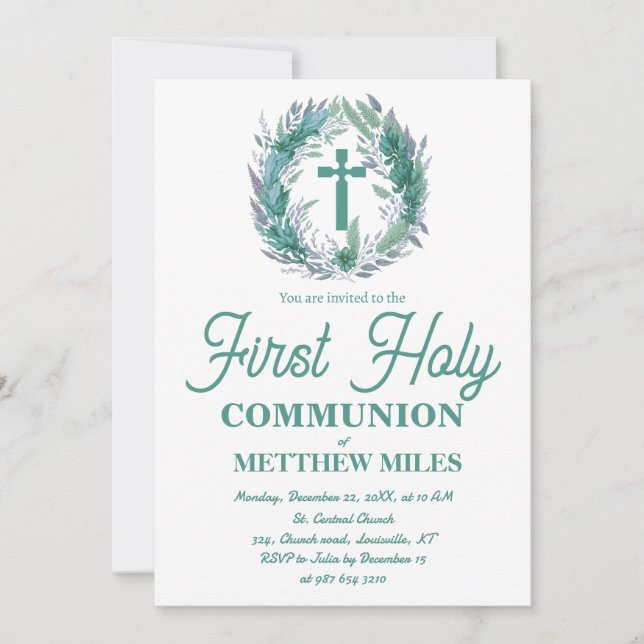 Convite Blue Minimalist floral first católica communion (Frente)