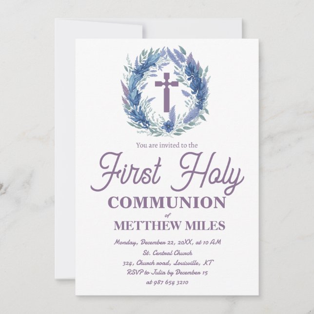 Convite Blue Minimalist floral first católica communion (Frente)