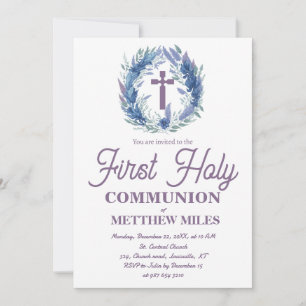 Convite Blue Minimalist floral first católica communion